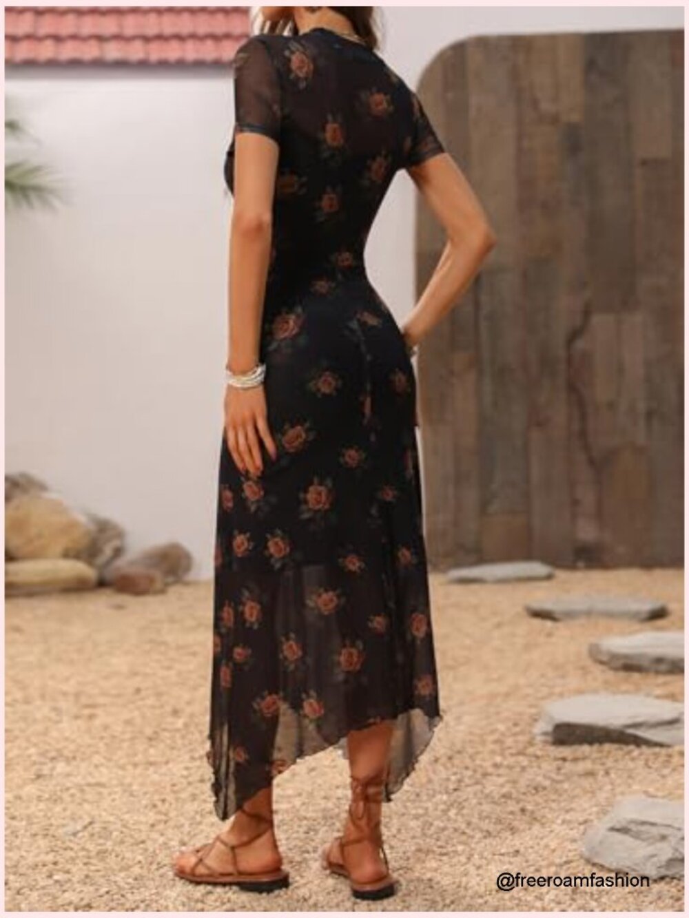 Floral Print Vintage Mesh Spliced Midi Dress with Irregular Hemline - Picture 2 of 7